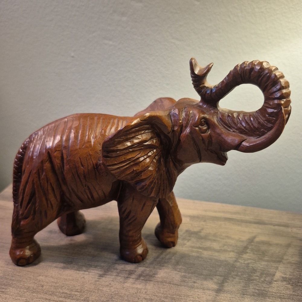 Vintage Red Mill Elephant Handcrafted USA Carved Figurine 1991 Trunk up